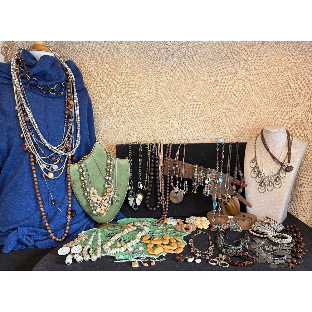 55+ Earth Tone Jewelry Lot Necklaces Bracelets Earrings Mixed Materials Wearable